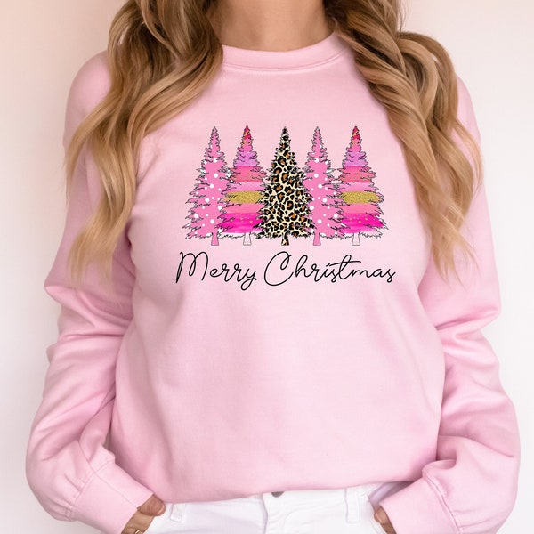 Pink Merry Christmas Sweatshirt Holiday Sweaters for Women Pink Tree Christmas Sweatshirt Christmas Crewneck Christmas Tree Sweatshirt