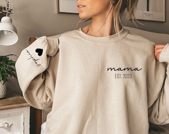 Gift for mom,  Mothers Day Gift, Personalized Mama Sweatshirt with Kid Name on Sleeve, Grandma Crewneck, Custom Est Date Mom Sweatshirt