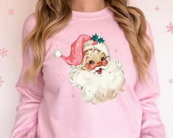 Retro Pink Santa Christmas Sweatshirt Gift for Woman Christmas PJs Matching Family Pajamas Retro Christmas Shirt Vintage Holiday Sweater