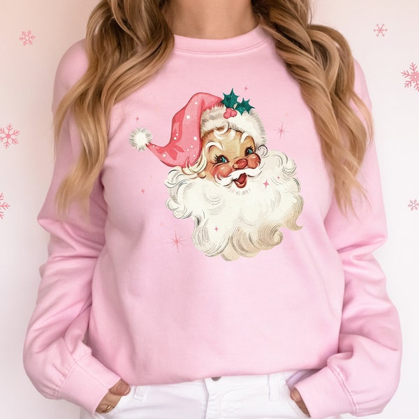 Retro Pink Santa Christmas Sweatshirt Gift for Woman Christmas PJs Matching Family Pajamas Retro Christmas Shirt Vintage Holiday Sweater