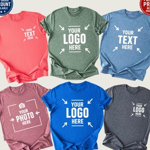 a collection of six t-shirts, each with a unique design and text. The t-shirts feature the text "YOUR TEXT HERE" and "YOUR LOGO HERE" on them, indicating that the shirts can be customized with text or logos. The t-shirts are arranged in a grid, showcasing various styles and colors.