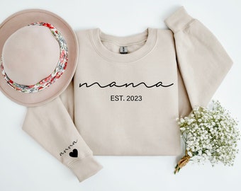 Personalized Mama Sweatshirt with Kid Name on Sleeve, Custom Mom Sweatshirt, Mama Sweater, Momma Sweatshirt, Grandma Sweatshirt,Mom Sweater