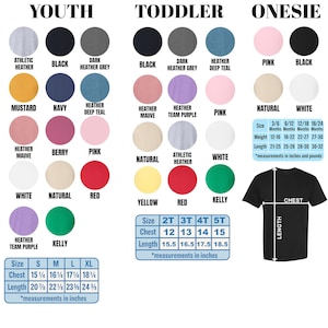 The image is a color swatch for different age groups, including youth, toddler, and oneesie. It displays various color options for shirts, such as athletic, mustard, navy, and natural. The image also includes size and color options for each age group, as well as a chest measurement chart.