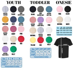 The image is a color swatch for different age groups, including youth, toddler, and oneesie. It displays various color options for shirts, such as athletic, mustard, navy, and natural. The image also includes size and color options for each age group, as well as a chest measurement chart.
