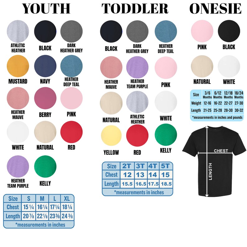 The image is a color swatch for different age groups, including youth, toddler, and oneesie. It displays various color options for shirts, such as athletic, mustard, navy, and natural. The image also includes size and color options for each age group, as well as a chest measurement chart.