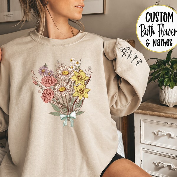 Custom Birth Month Flower Bouquet Sweatshirt Personalized Mom Sweatshirt Custom Birthday Gift for Grandma Plant Mama Shirt Mothers Day Gift