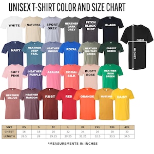 The image is a color and size chart for a collection of t-shirts, displaying various colors and sizes along with corresponding measurements.