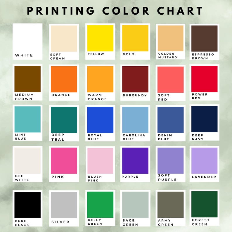 The image is a color chart that displays various color names and their corresponding shades.