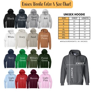 The image is a color and size chart for unisex hoodies, displaying various colors and sizes along with corresponding measurements in inches.
