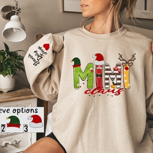 Custom Mimi Claus Sweatshirt Christmas Mama Claus Sweatshirt Custom Grandma And Grandkids Names on Sleeve Sweatshirt Gifts For Mama Gigi