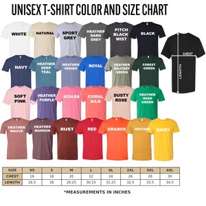 The image is a color and size chart for a collection of t-shirts, displaying various colors and sizes along with corresponding measurements.
