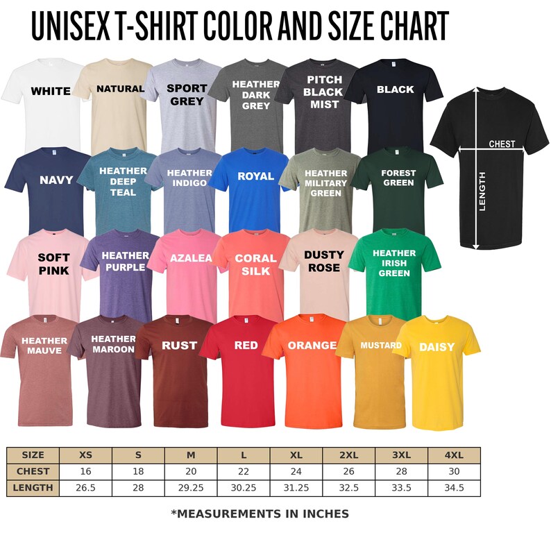 The image is a color and size chart for a collection of t-shirts, displaying various colors and sizes along with corresponding measurements.
