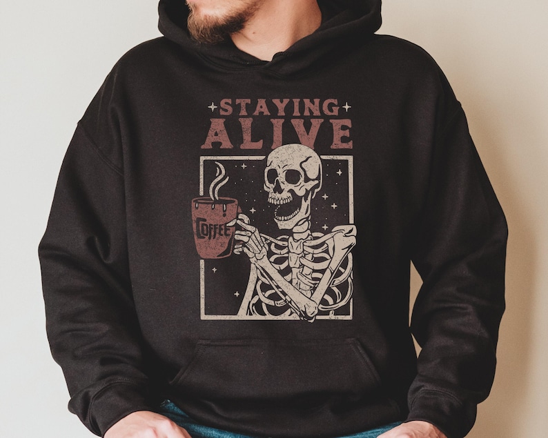 Staying Alive Coffee Sweatshirt, Funny Skeleton Sweatshirt, Halloween Retro Sweater for Women, Coffee Lover Hoodie 画像 3