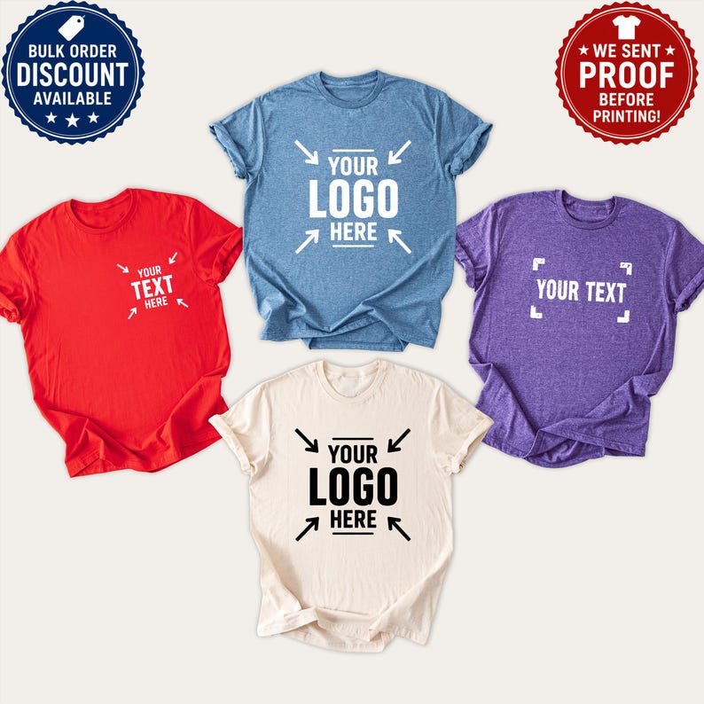 a collection of t-shirts with custom text printed on them, along with two circular badges indicating a bulk order discount and a proof before printing.