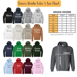 The image is a color and size chart for unisex hoodies, displaying various colors and sizes along with corresponding measurements in inches.