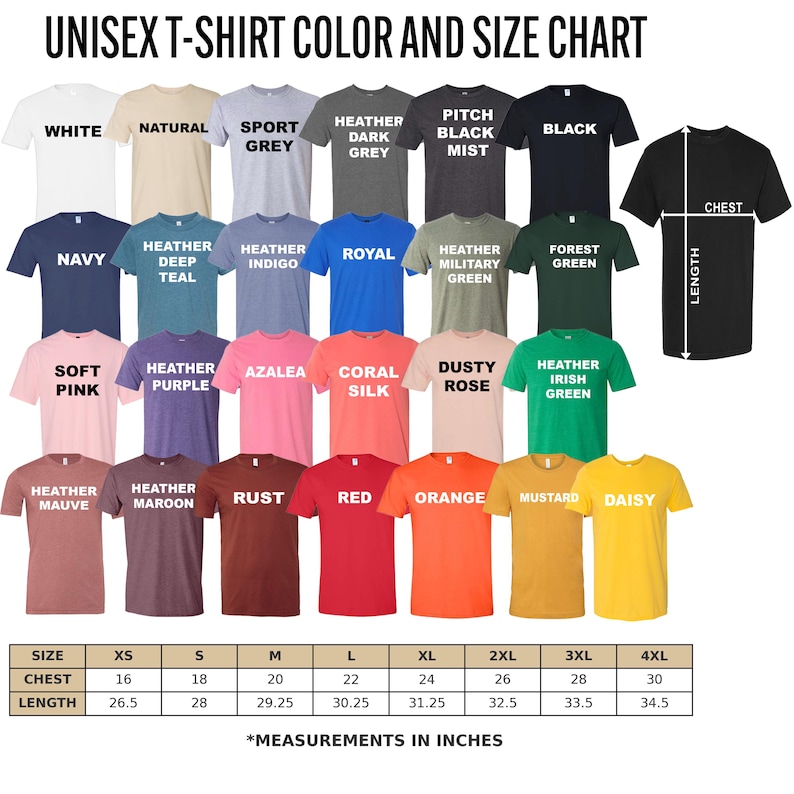 The image is a color and size chart for a collection of t-shirts, displaying various colors and sizes along with corresponding measurements.