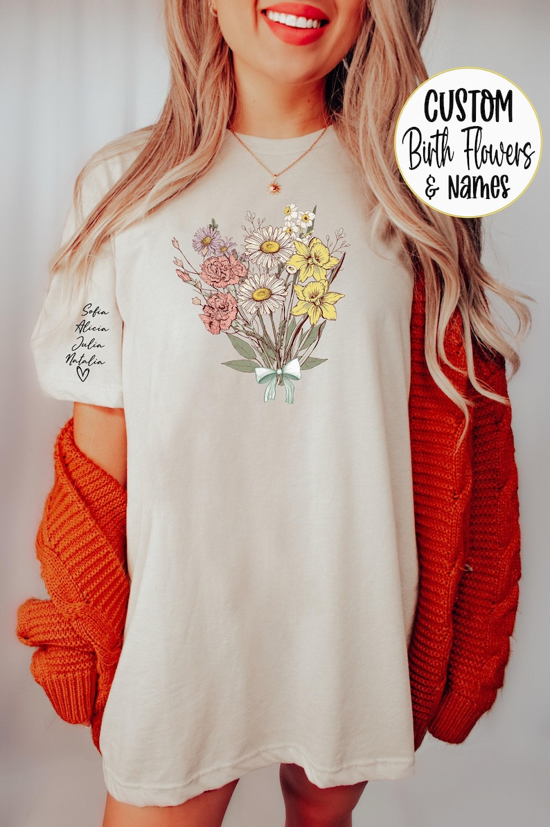 Custom Birth Month Flower Bouquet Shirt Personalized Grandma's Garden Custom Birthday Shirt Plant Mama Mom's Garden Shirt Mothers Day Gift image 1
