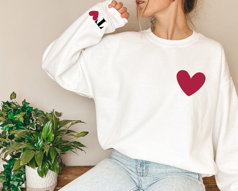 Valentines Sweatshirt for Women with Initial on Sleeve Valentines Day Sweatshirt Valentine Gift Valentine Sweatshirt Womens Couple Matching image 2