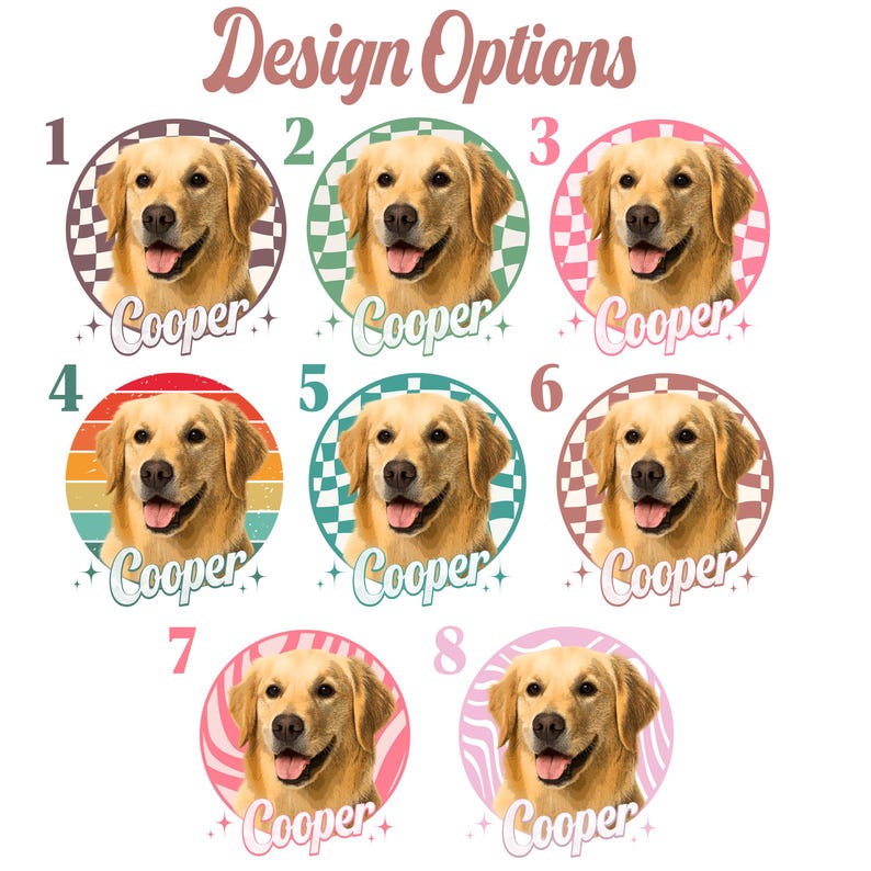 six circular design options featuring a golden retriever dog's face, with each option having a different color and pattern.