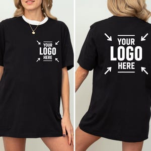 The image is a collage of two photos of a woman wearing a black t-shirt with white text and graphics on the back.