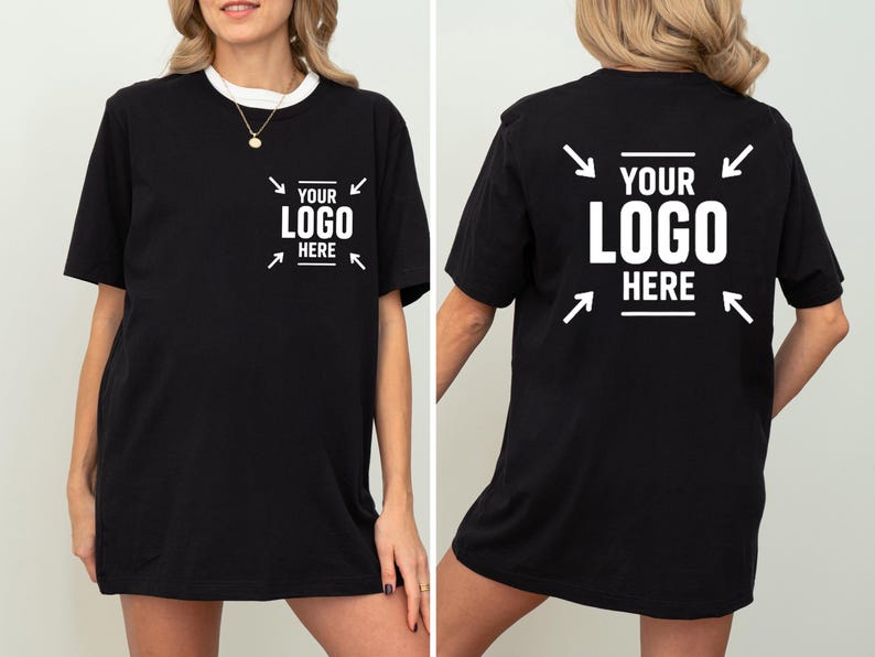 The image is a collage of two photos of a woman wearing a black t-shirt with white text and graphics on the back.