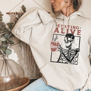 Staying Alive Coffee Sweatshirt, Funny Skeleton Sweatshirt, Halloween Retro Sweater for Women, Coffee Lover Hoodie 画像 2