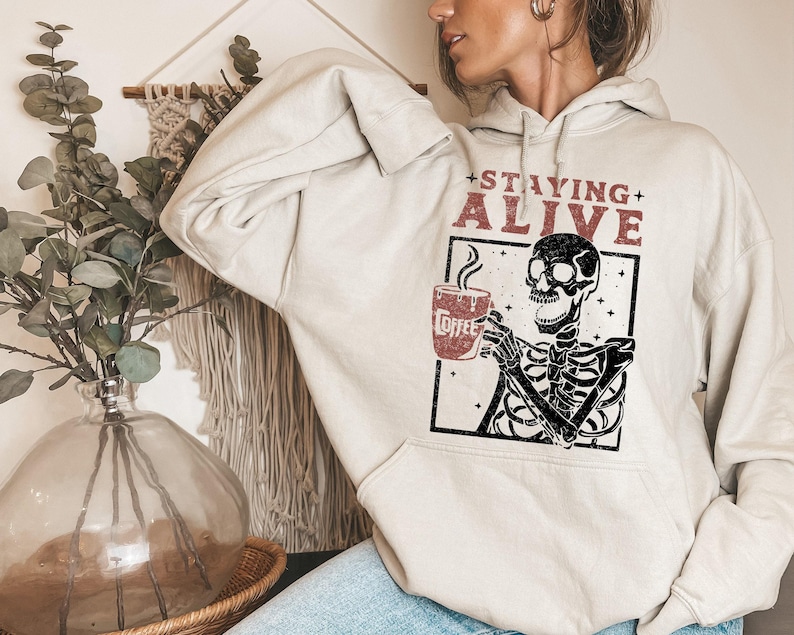 Staying Alive Coffee Sweatshirt, Funny Skeleton Sweatshirt, Halloween Retro Sweater for Women, Coffee Lover Hoodie 画像 2