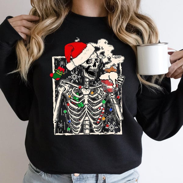 Dead Inside Skeleton Christmas Sweatshirt Coffee Lover Christmas Gift Fall Sweater Sarcastic Christmas Gift Skeleton Feeling Jolly Christmas