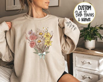 Custom Birth Month Flower Bouquet Sweatshirt Personalized Mom Sweatshirt Custom Birthday Gift for Grandma Plant Mama Shirt Christmas Gift