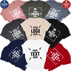 a collection of t-shirts with various designs and text, including a logo and text that reads "Your Logo Here".