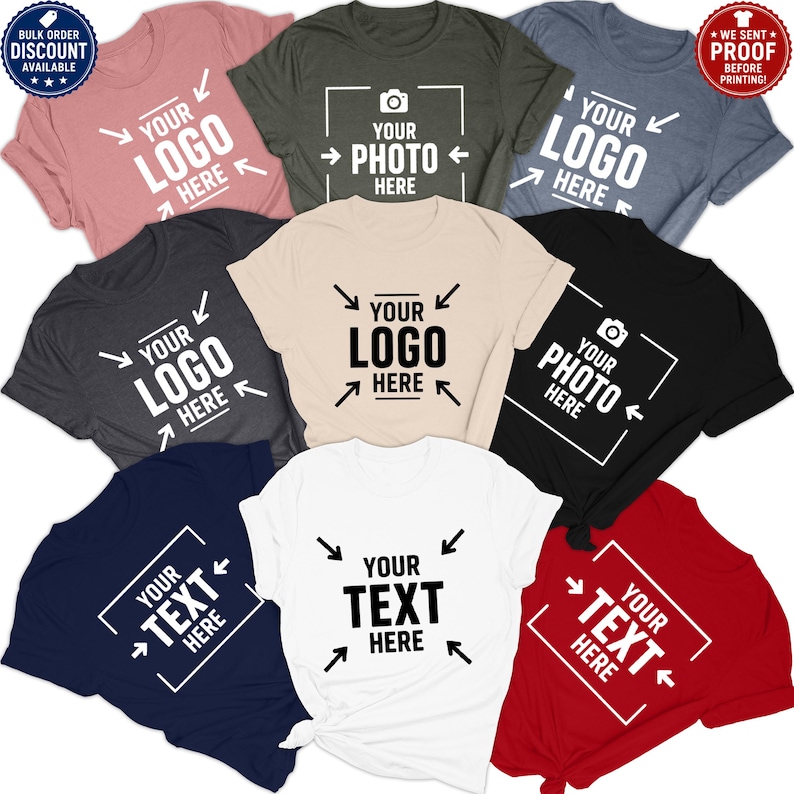 a collection of t-shirts with various designs and text, including a logo and text that reads "Your Logo Here".