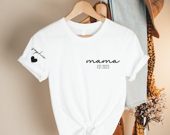 Custom Mama Shirt with Kids Name on Sleeve, Personalized Mama Tshirt, Pregnancy Reveal Shirt, Mom to Be Gift For Mom, Boy Girl Mama, Est