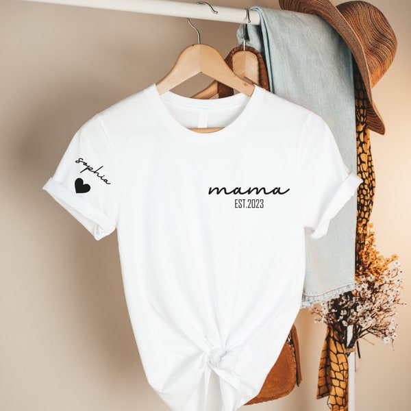 Custom Mama Shirt with Kids Name on Sleeve, Personalized Mama Tshirt, Pregnancy Reveal Shirt, Mom to Be Gift For Mom, Boy Girl Mama, Est