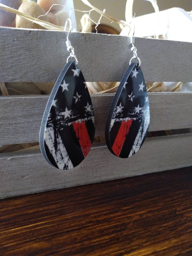 Teardrop Earrings Back the Firefighters Thin Red Line Teardrop Earrings Back The Red