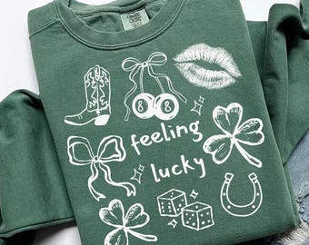 Feeling Lucky | Cowgirl | BOW | Horseshoe | Shamrock | Clover | Luck | Green | Comfort Colors | Long Sleeve or Short Sleeve Tshirt