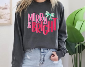 Merry and Bright Long Sleeve | Trendy | Holiday | Green Bow | Christmas