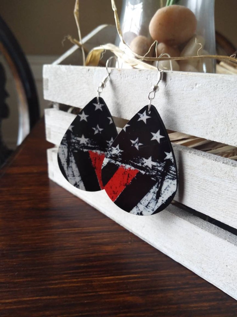 Teardrop Earrings Back the Firefighters Thin Red Line Teardrop Earrings Back The Red