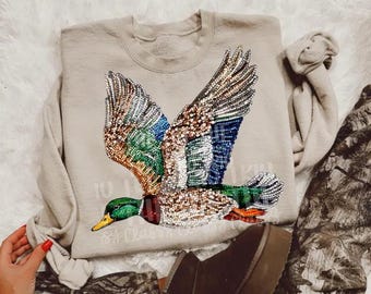 Faux Rhinestone Flying Mallard Duck | Hunt | Crewneck Sweatshirt