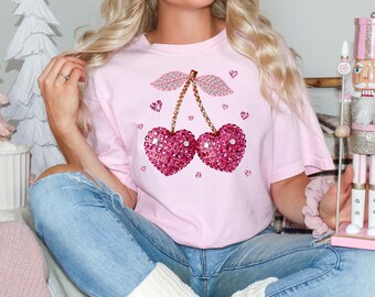 Faux Rhinestone Valentine Cherries | Bow | Graphic Tee | Boutique | trendy | Valentine's Day | Pink