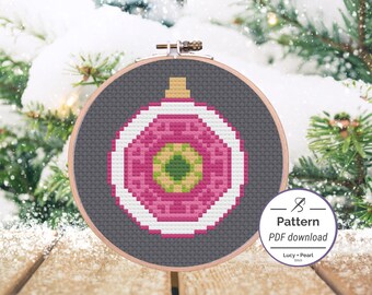 Vintage-Style Christmas Ornament cross stitch pattern. Pink Indented Christmas-ball ornament with green detail.
