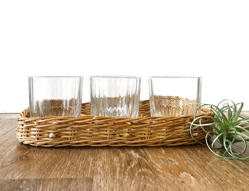 Mid Century Boho Rattan Cocktail Drink Cup Holder Tray