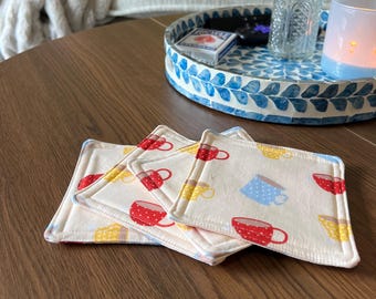 Quilted Cotton Coasters (Set of 4): Teacup & Latte Mug Print, Coffee Bar Decor