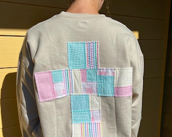 Quilted Patchwork Cross Sweatshirt | Handmade Appliqué Pullover | Christian Faith Apparel | Tan |