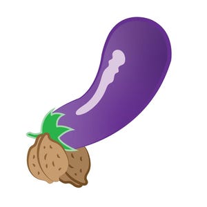 May include: A cartoon illustration of a purple eggplant with a light purple highlight and green leaves. Two brown walnuts are at the base of the eggplant. The background is white.