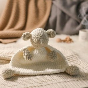 May include: A handmade crochet lamb security blanket in cream and light gray. The lamb has a textured head, ears, and feet, with a soft, plush body. The blanket is a square shape with a knitted border, perfect for a baby.