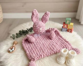 Personalized Crochet Bunny Lovey – Baby Security Blanket, Newborn Comfort Gift