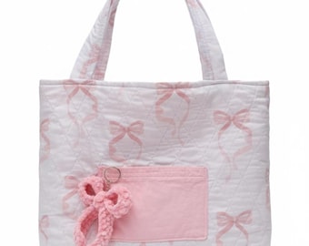 Handmade Bow Tote Bag with Crochet Keychain - Coquettecore