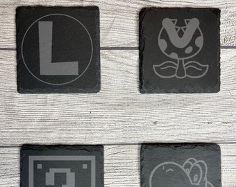 Mario Bros Slate Coasters (Set of 4, 6, and 8), Laser engraved coasters for game room, mancave, and more