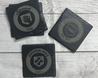 COD Zombies Perks Slate Coasters (Set of 4, 6, and 8), Laser engraved coasters for gameroom decor