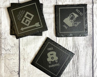 Monopoly Slate Coasters (Set of 4), Laser engraved boardgame coasters for game room, mancave, and more